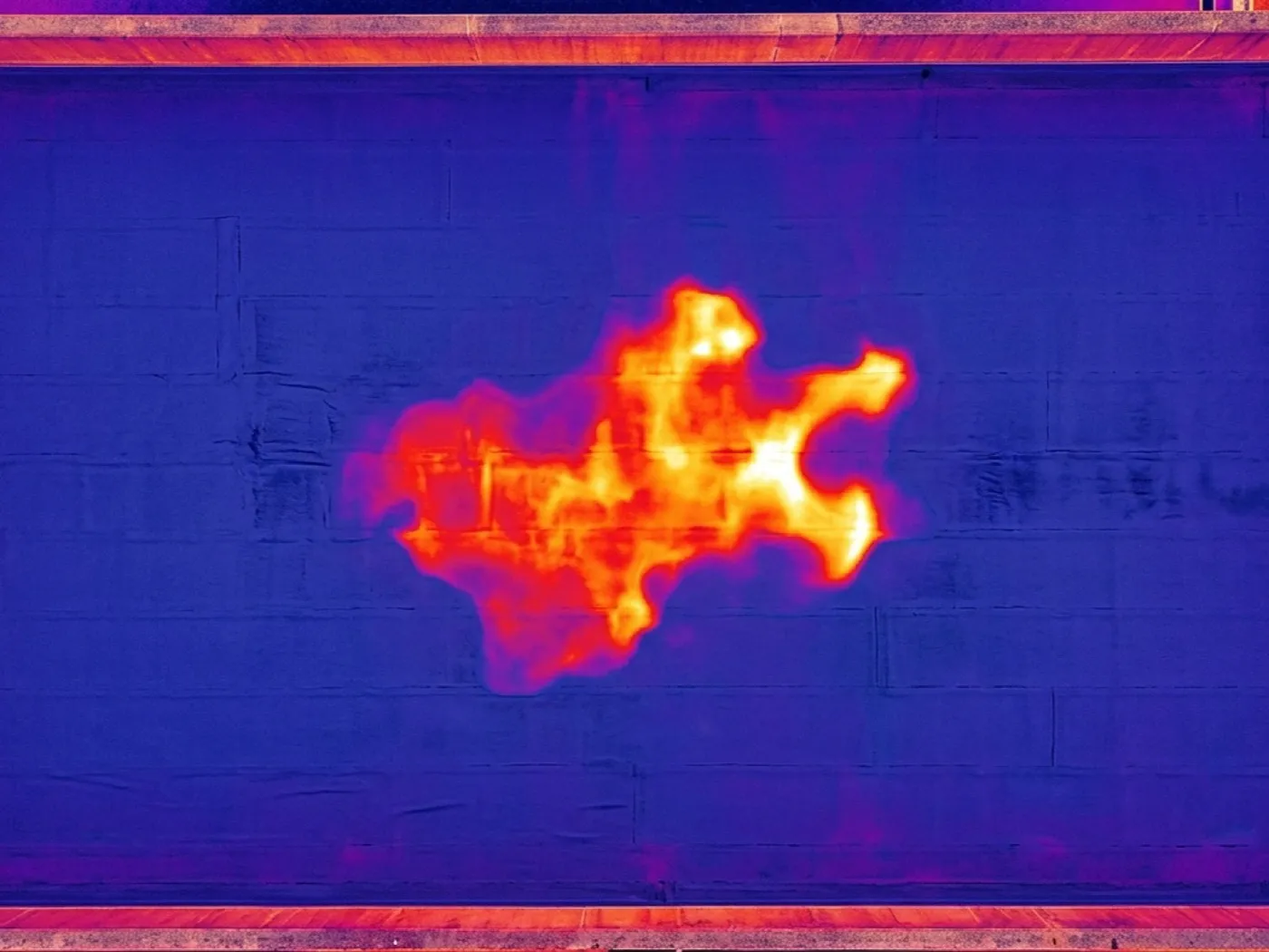 Overhead thermal image of a flat roof membrane showing an irregular warm patch consistent with trapped moisture beneath the surface