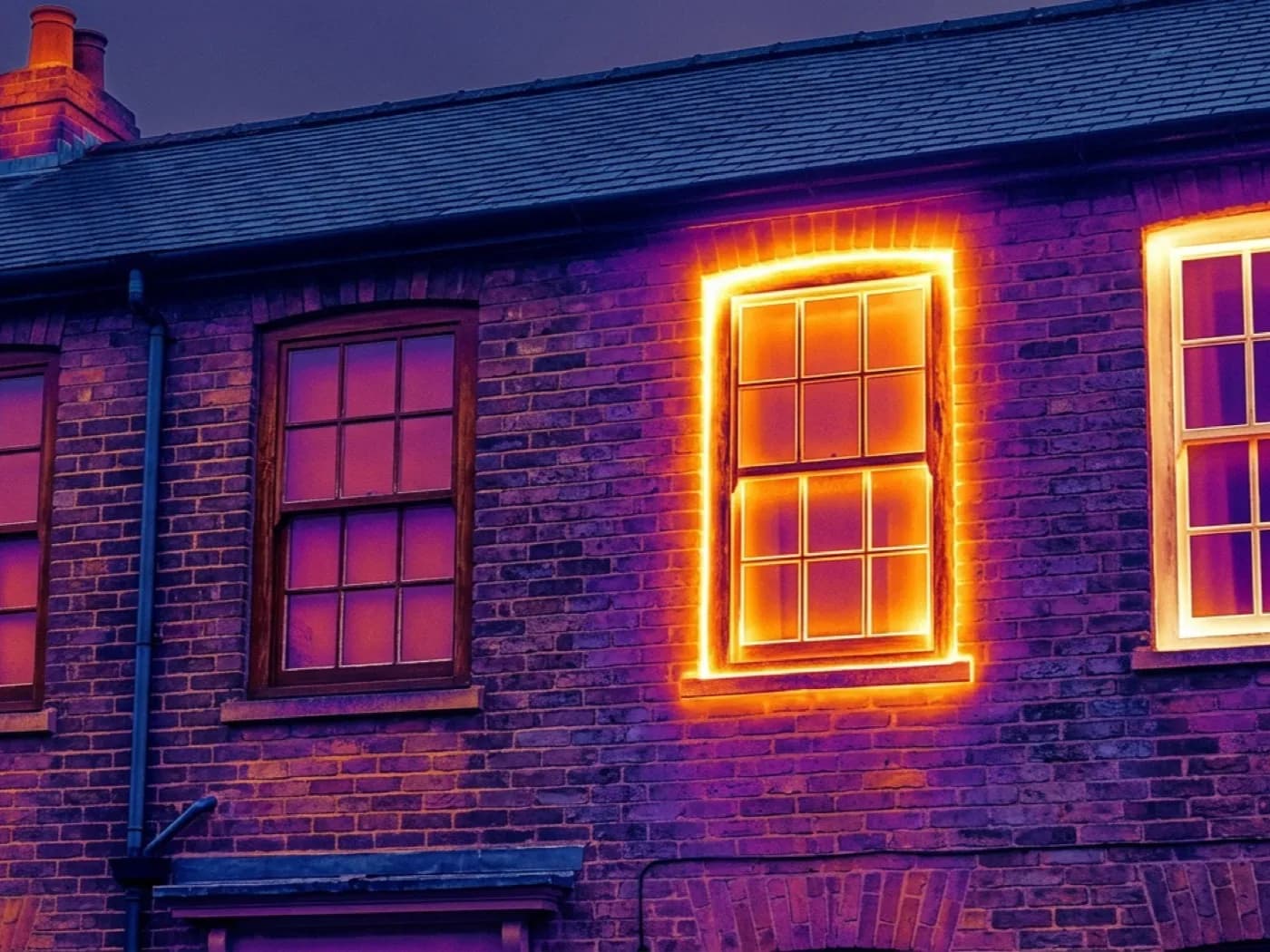 Thermal image of upstairs windows at dusk, one frame showing a bright warm halo around its edge against the cooler wall beside it