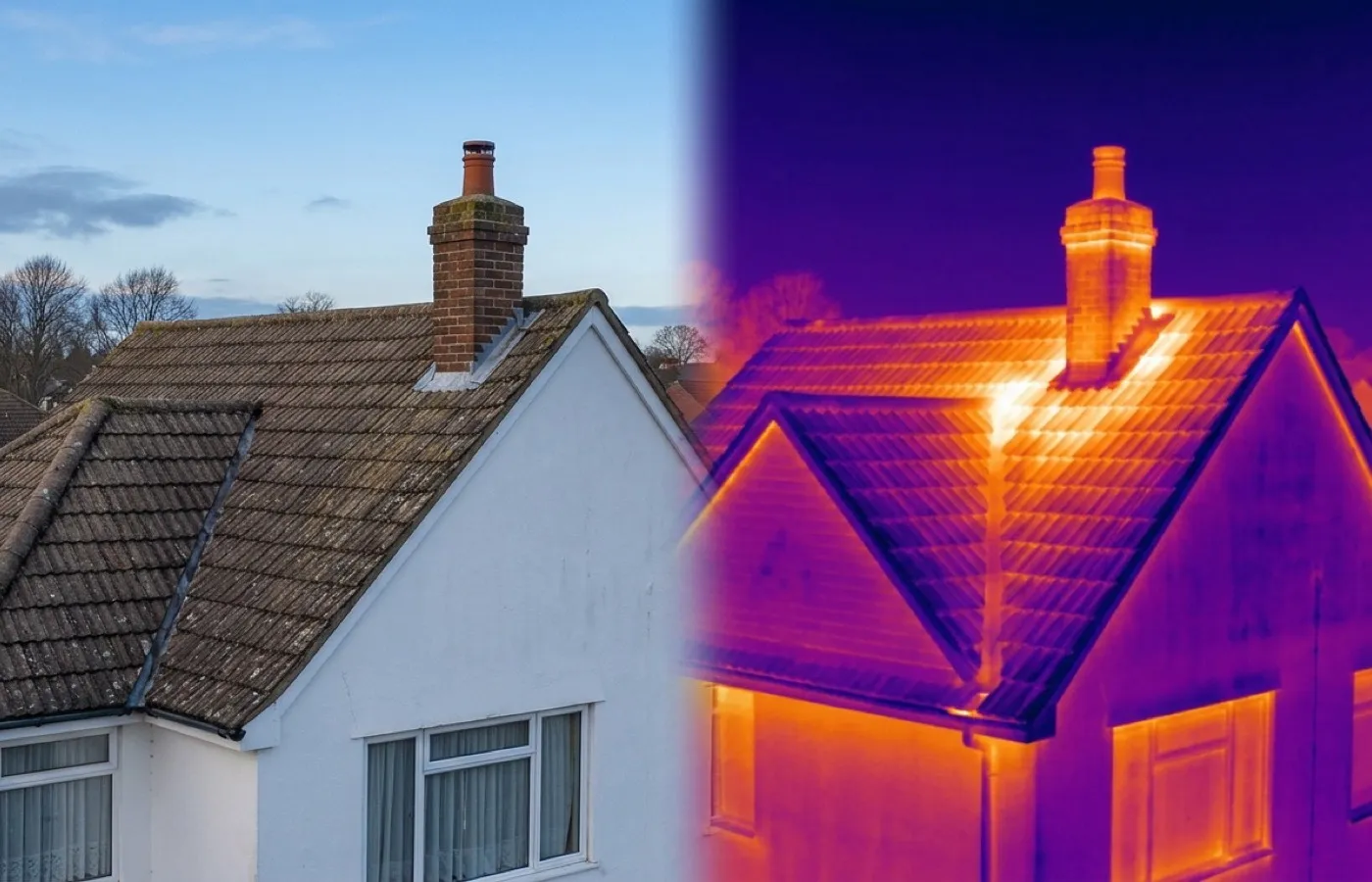 Split view of a British house roof and wall, one half a normal photograph and the other half the same view in false-colour thermal imaging showing a warm patch near the ridge